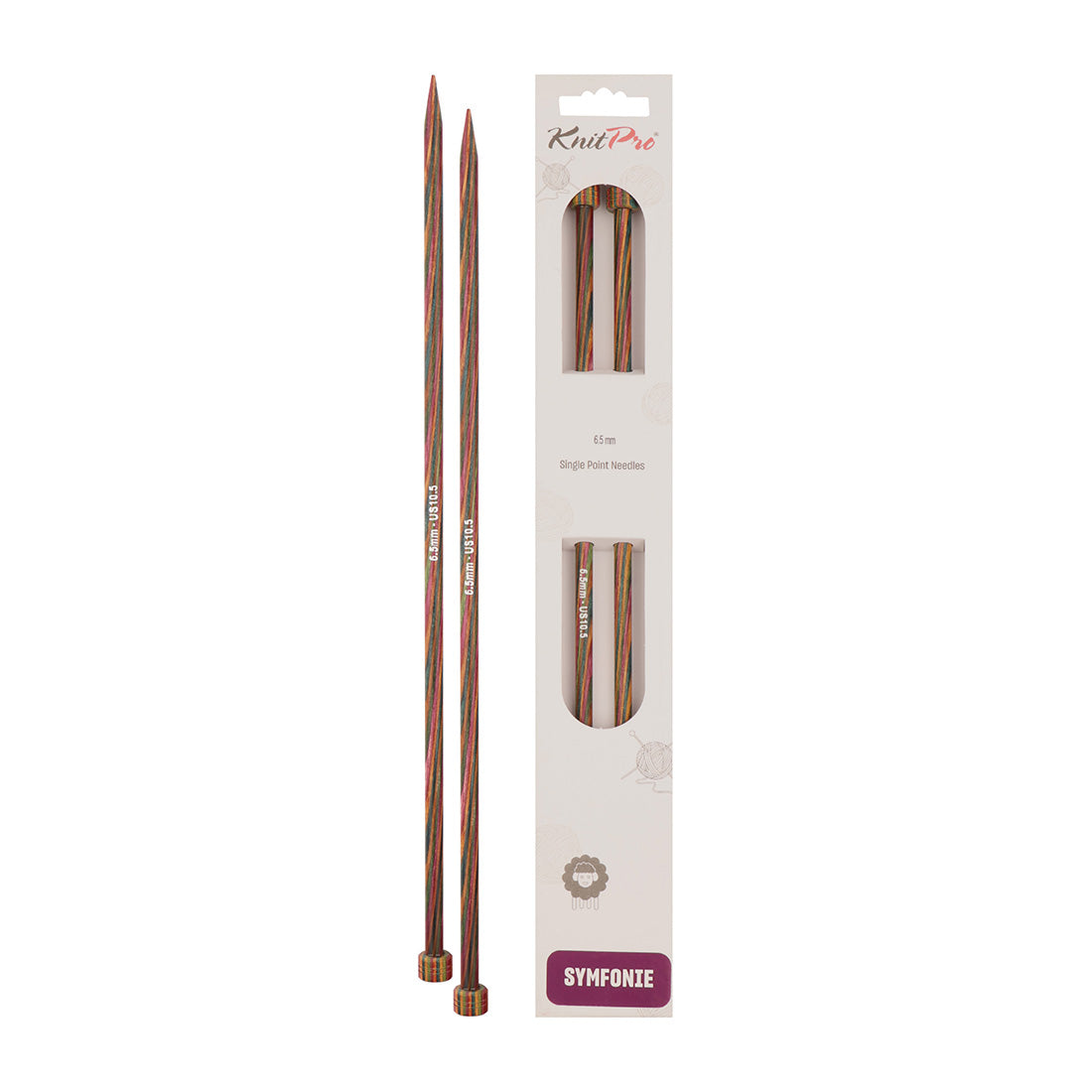 Pair of KnitPro Symfonie 2 laminated birch wood straight knitting needles, 40cm, 6.50mm