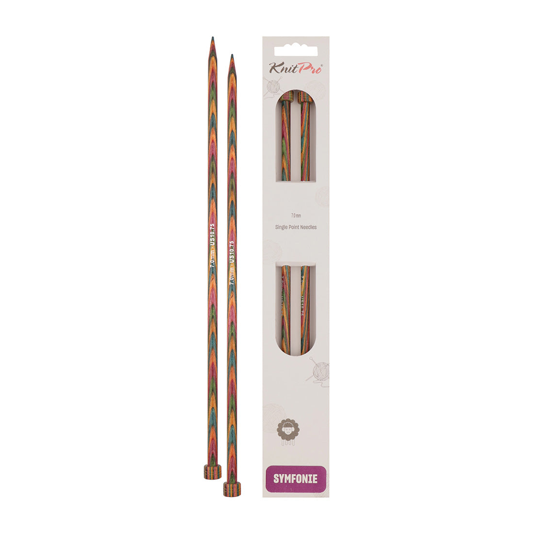 Pair of KnitPro Symfonie 2 laminated birch wood straight knitting needles, 40cm, 7.00mm