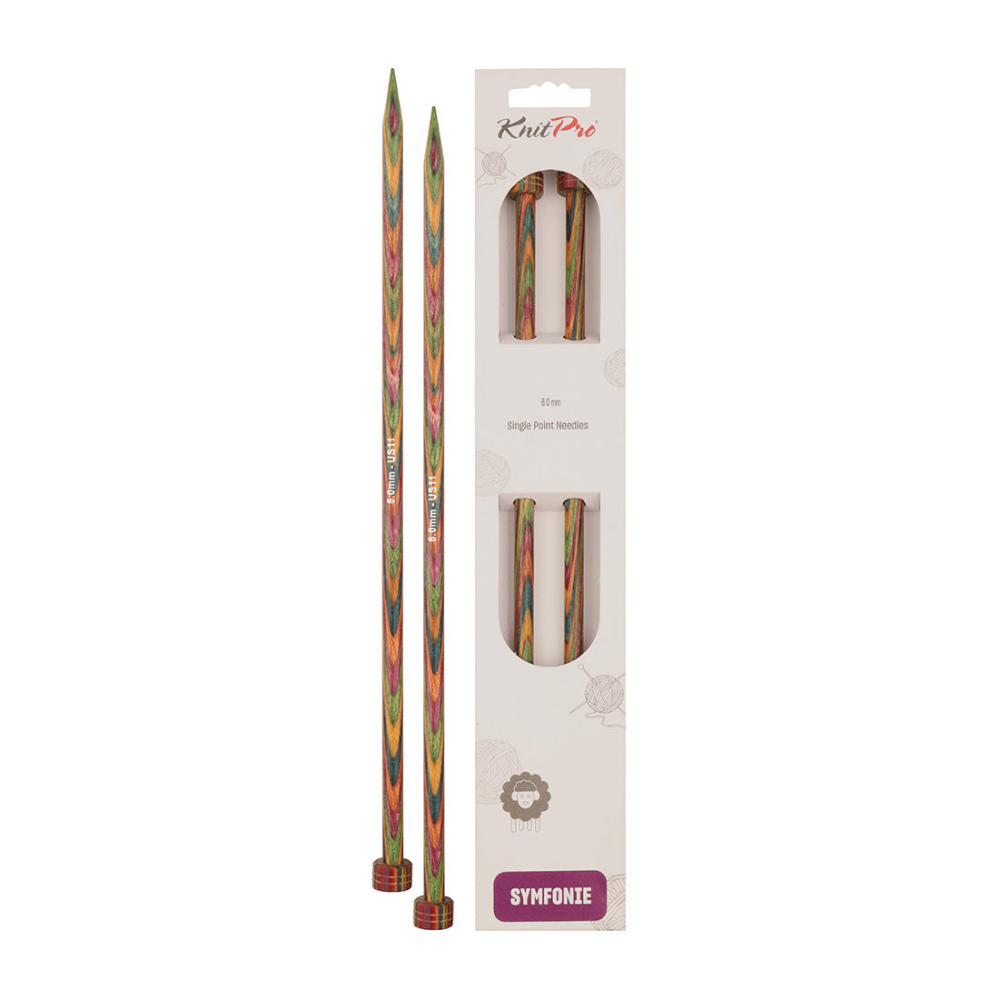 Pair of KnitPro Symfonie 2 laminated birch wood straight knitting needles, 40cm, 8.00mm