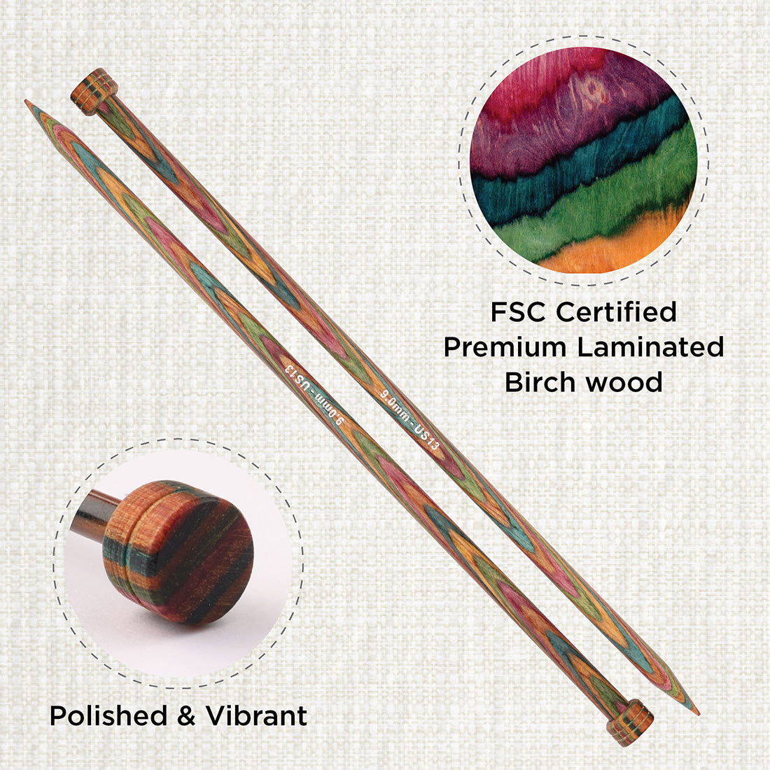 Pair of KnitPro Symfonie 2 laminated birch wood straight knitting needles, 40cm, 9.00mm