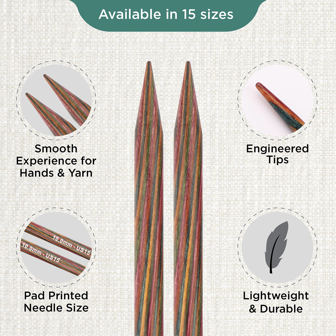 Pair of KnitPro Symfonie 2 laminated birch wood straight knitting needles, 40cm, 10.00mm
