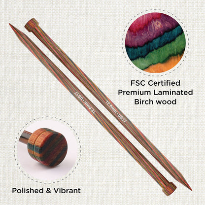 Pair of KnitPro Symfonie 2 laminated birch wood straight knitting needles, 40cm, 12.00mm