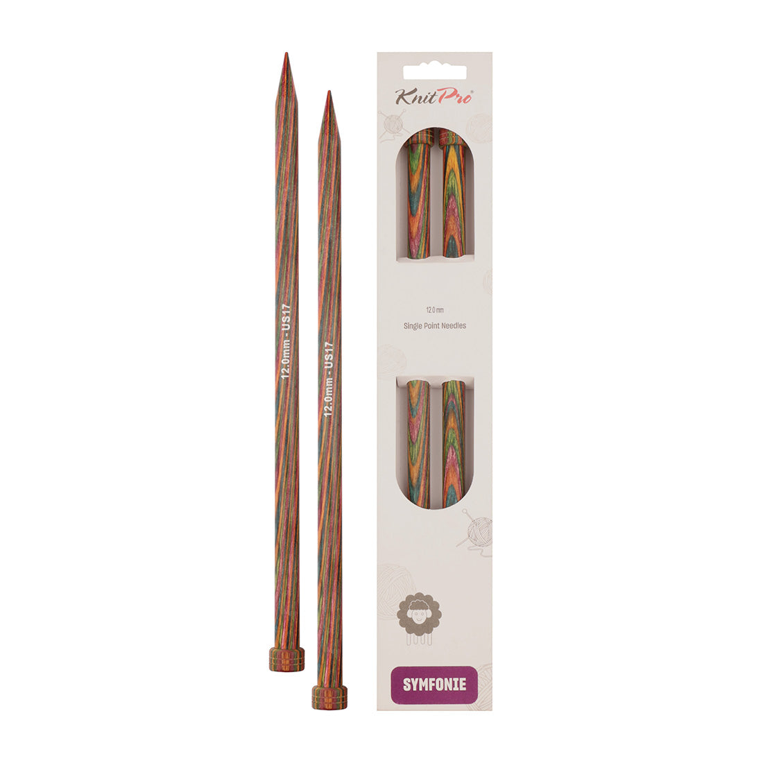 Pair of KnitPro Symfonie 2 laminated birch wood straight knitting needles, 40cm, 12.00mm