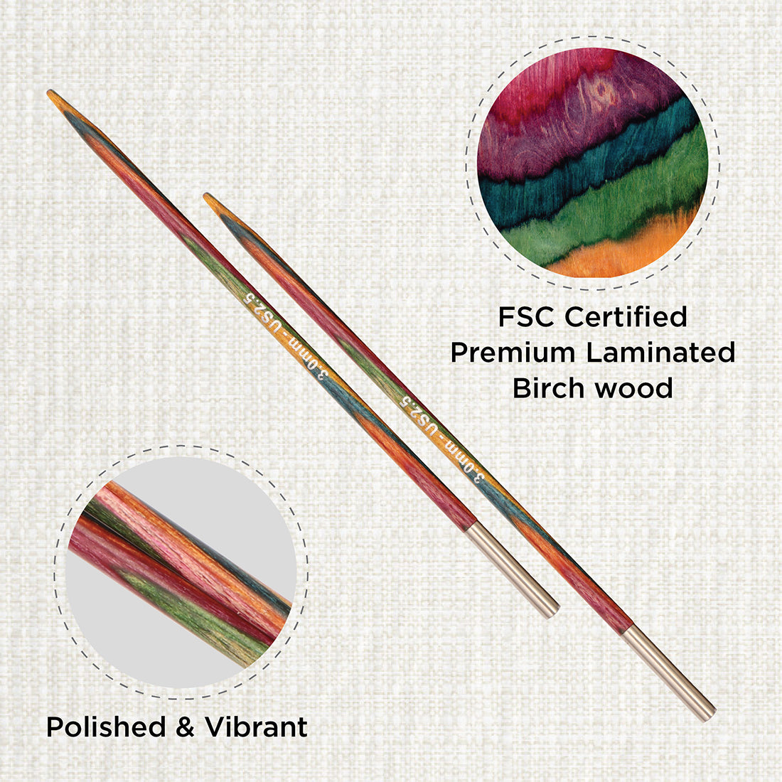 Pair of KnitPro Symfonie 2 laminated birch wood interchangeable circular needle tips, 3.00mm