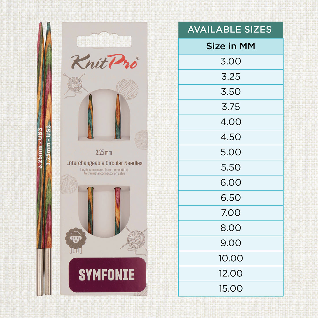 Pair of KnitPro Symfonie 2 laminated birch wood interchangeable circular needle tips, 3.25mm