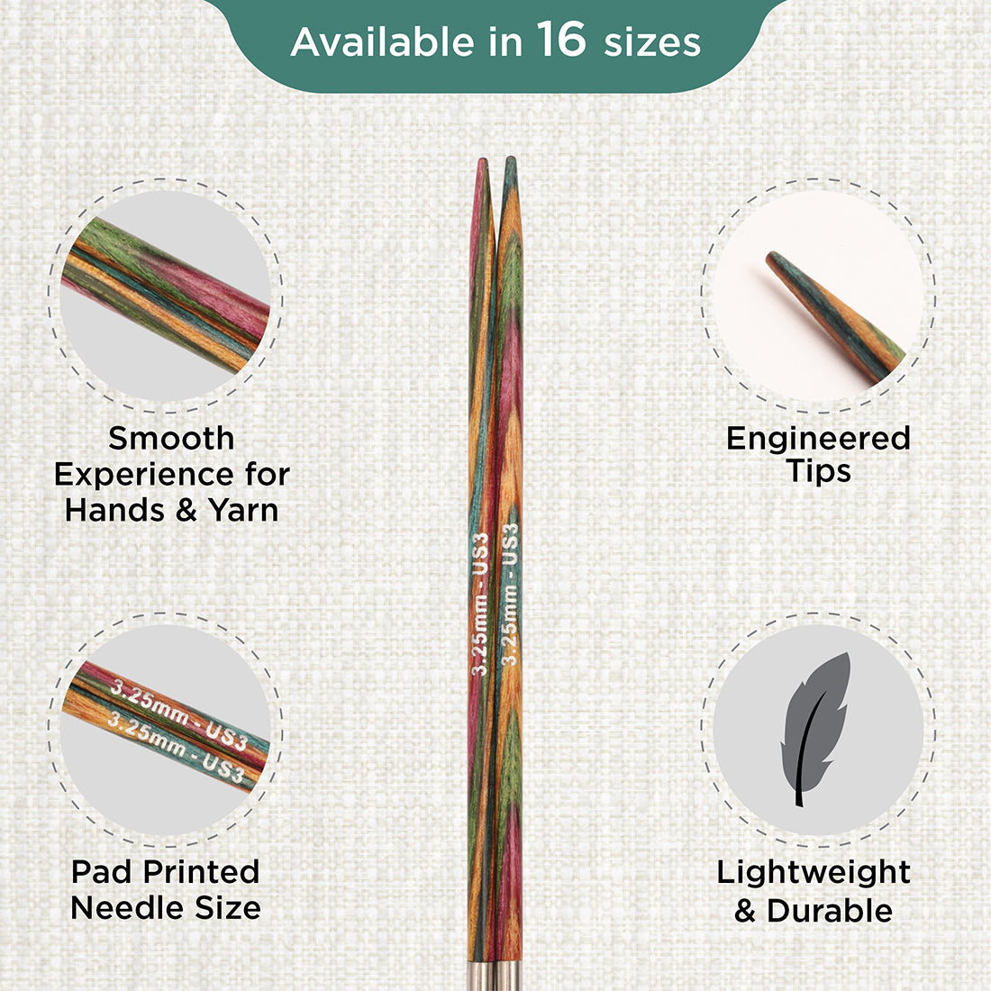 Pair of KnitPro Symfonie 2 laminated birch wood interchangeable circular needle tips, 3.25mm