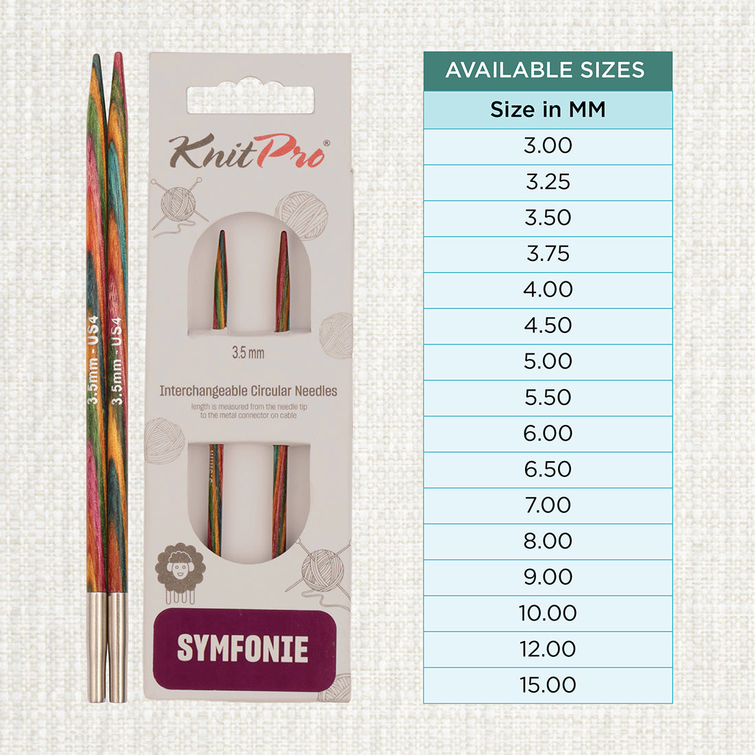 Pair of KnitPro Symfonie 2 laminated birch wood interchangeable circular needle tips, 3.50mm