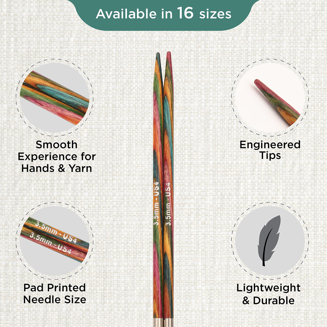 Pair of KnitPro Symfonie 2 laminated birch wood interchangeable circular needle tips, 3.50mm