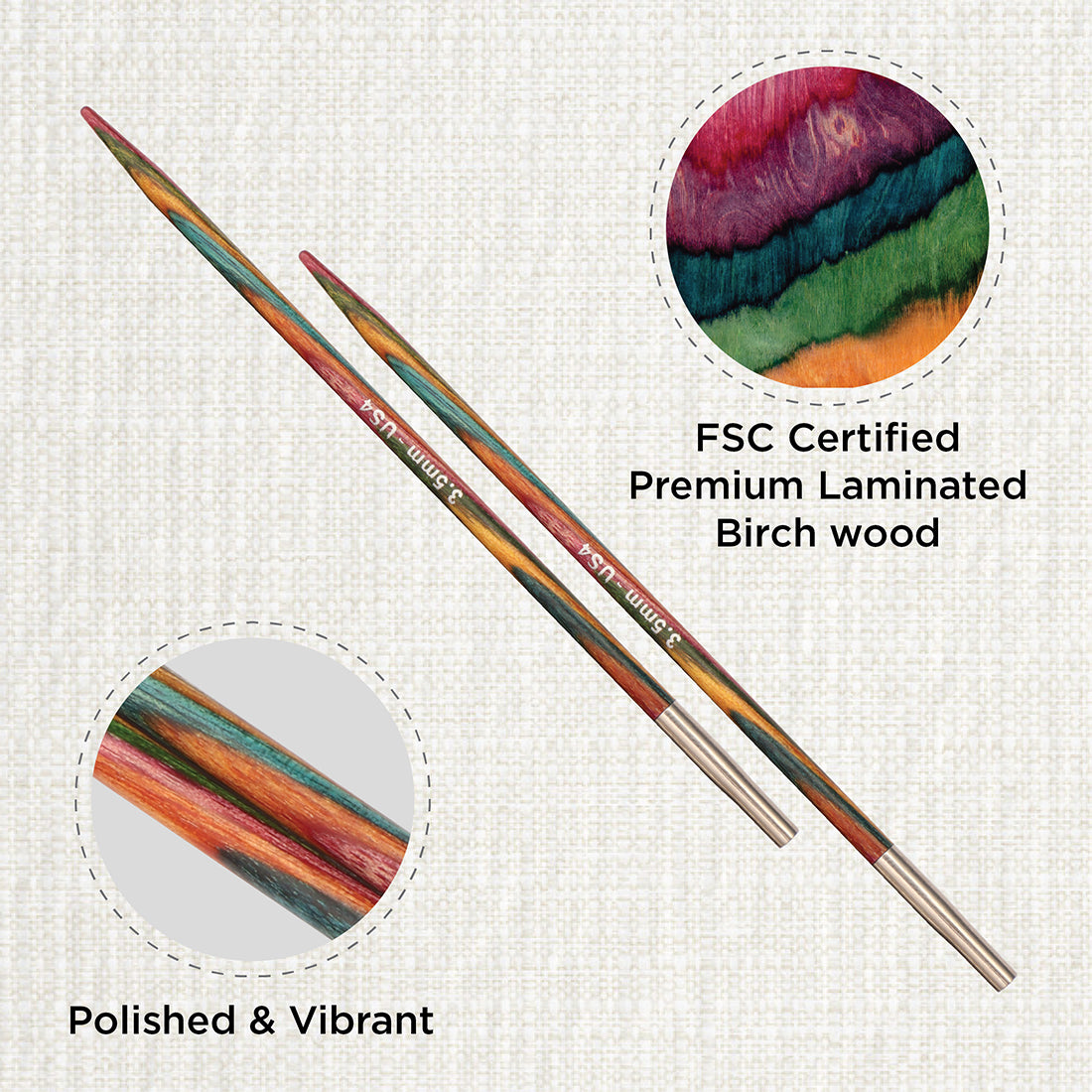 Pair of KnitPro Symfonie 2 laminated birch wood interchangeable circular needle tips, 3.50mm