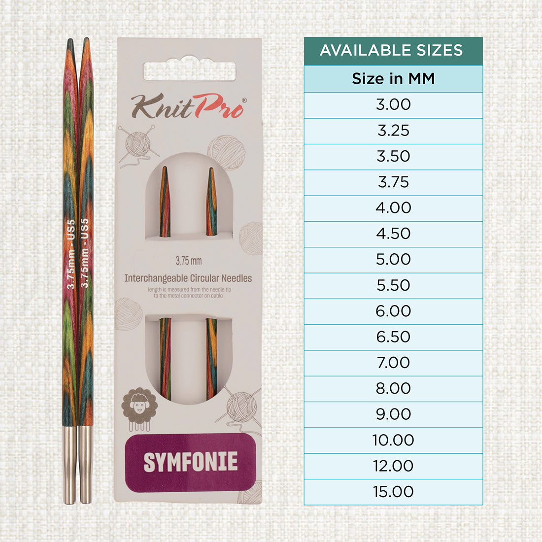Pair of KnitPro Symfonie 2 laminated birch wood interchangeable circular needle tips, 3.75mm