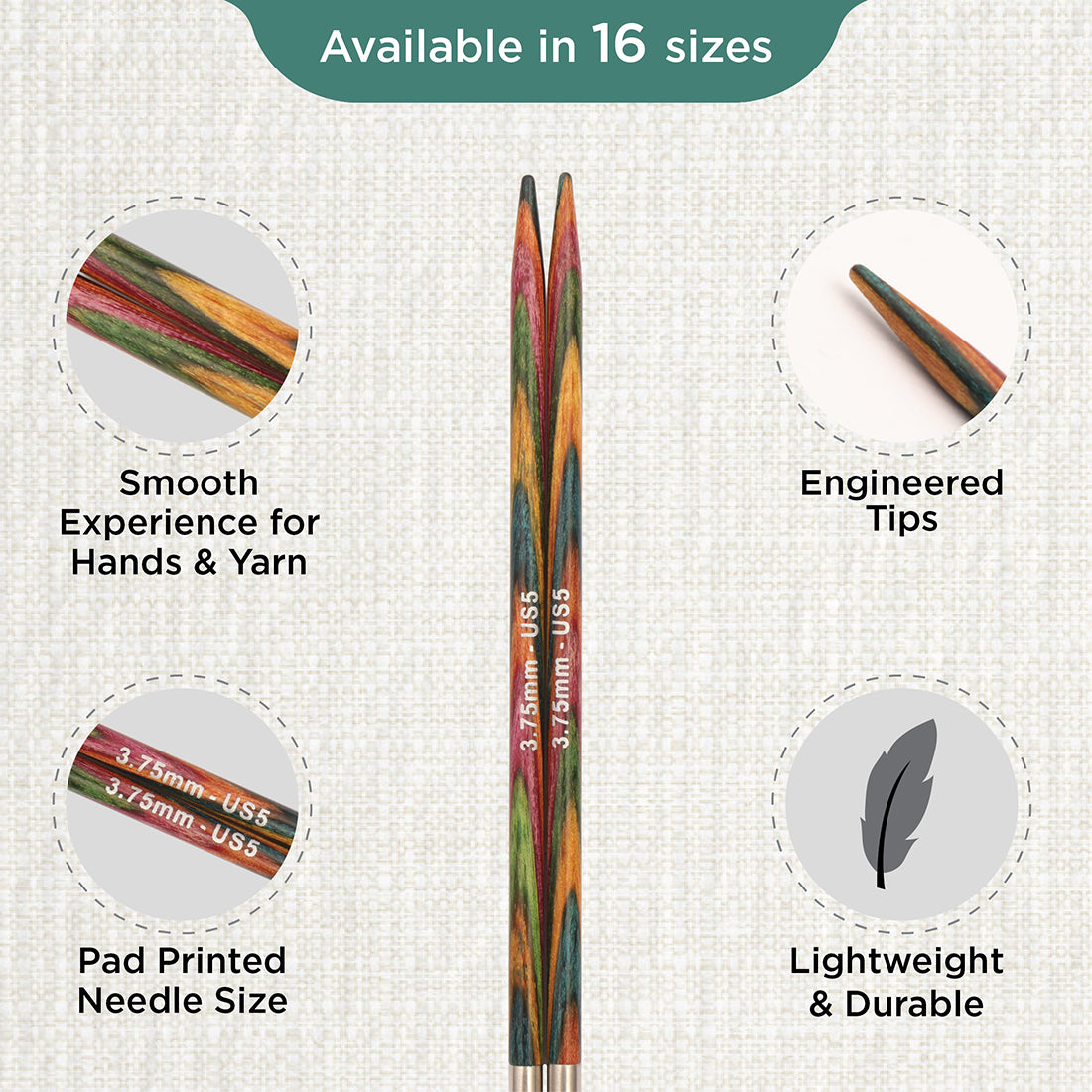 Pair of KnitPro Symfonie 2 laminated birch wood interchangeable circular needle tips, 3.75mm
