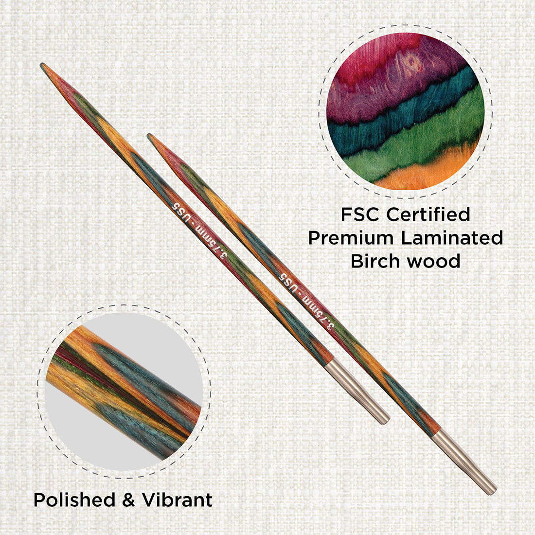Pair of KnitPro Symfonie 2 laminated birch wood interchangeable circular needle tips, 3.75mm