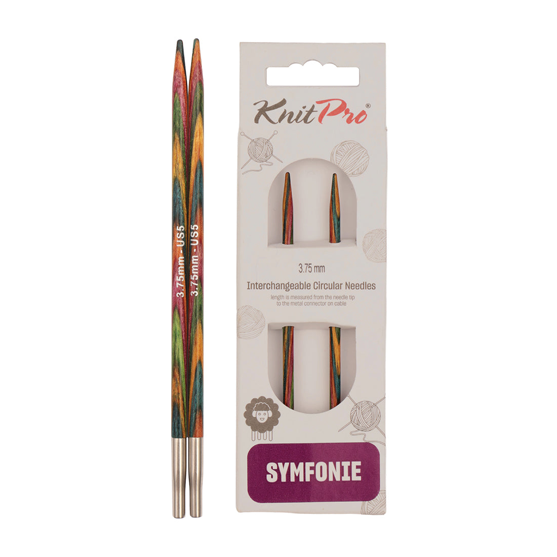 Pair of KnitPro Symfonie 2 laminated birch wood interchangeable circular needle tips, 3.75mm