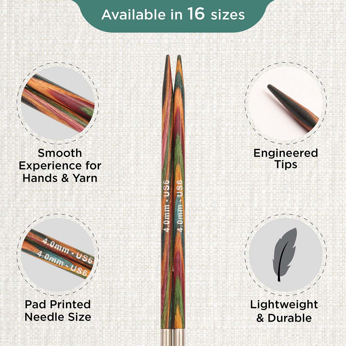 Pair of KnitPro Symfonie 2 laminated birch wood interchangeable circular needle tips, 4.00mm