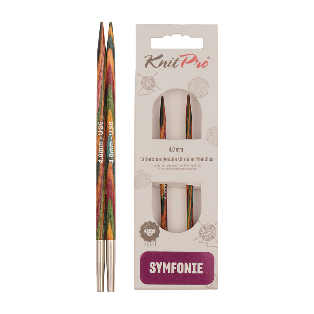Pair of KnitPro Symfonie 2 laminated birch wood interchangeable circular needle tips, 4.00mm