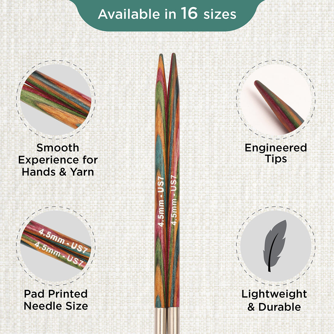 Pair of KnitPro Symfonie 2 laminated birch wood interchangeable circular needle tips, 4.50mm