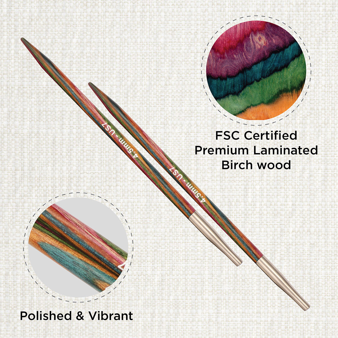 Pair of KnitPro Symfonie 2 laminated birch wood interchangeable circular needle tips, 4.50mm