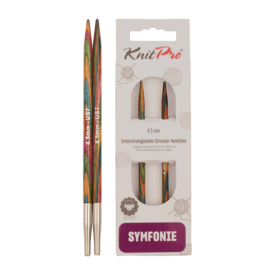 Pair of KnitPro Symfonie 2 laminated birch wood interchangeable circular needle tips, 4.50mm