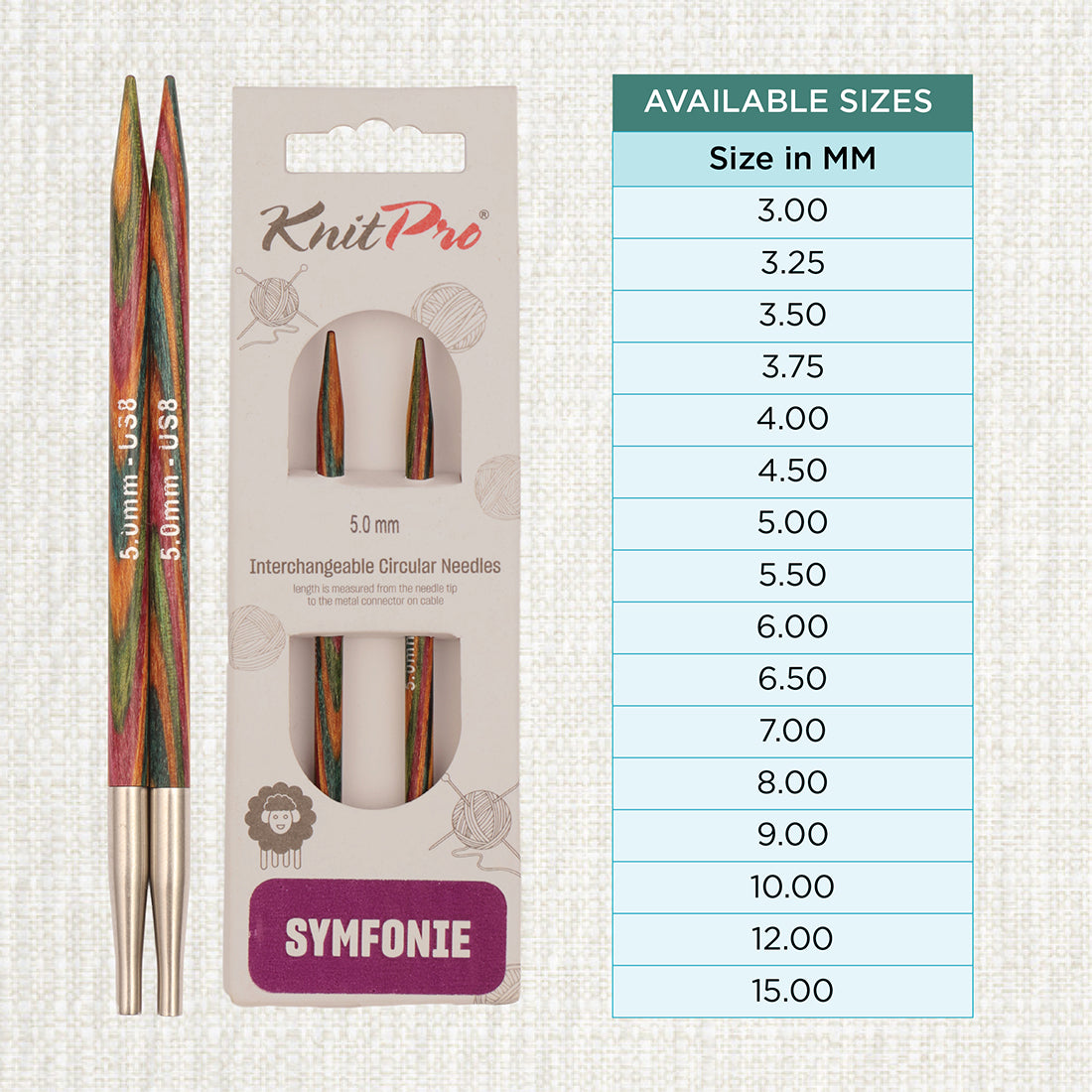 Pair of KnitPro Symfonie 2 laminated birch wood interchangeable circular needle tips, 5.00mm