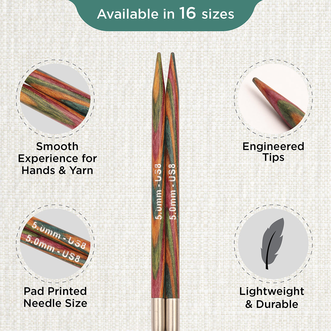 Pair of KnitPro Symfonie 2 laminated birch wood interchangeable circular needle tips, 5.00mm