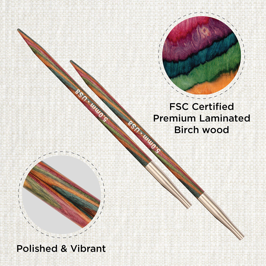 Pair of KnitPro Symfonie 2 laminated birch wood interchangeable circular needle tips, 5.00mm