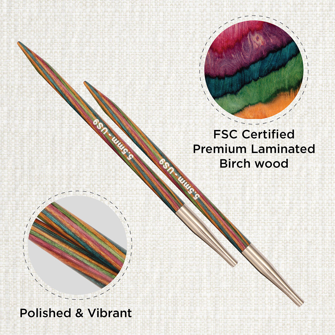 Pair of KnitPro Symfonie 2 laminated birch wood interchangeable circular needle tips, 5.50mm