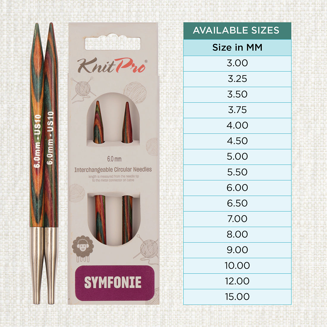 Pair of KnitPro Symfonie 2 laminated birch wood interchangeable circular needle tips, 6.00mm