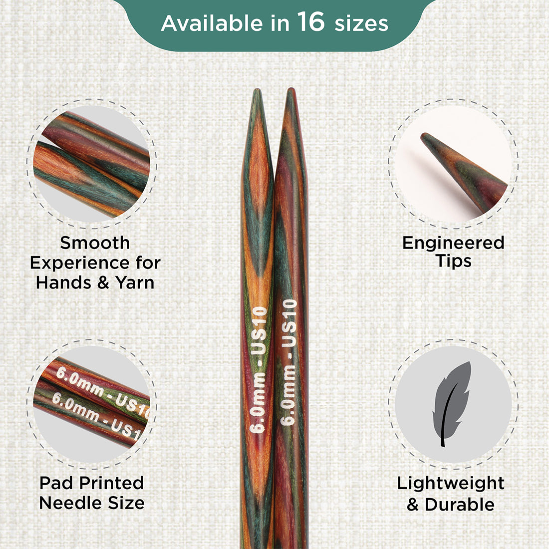 Pair of KnitPro Symfonie 2 laminated birch wood interchangeable circular needle tips, 6.00mm