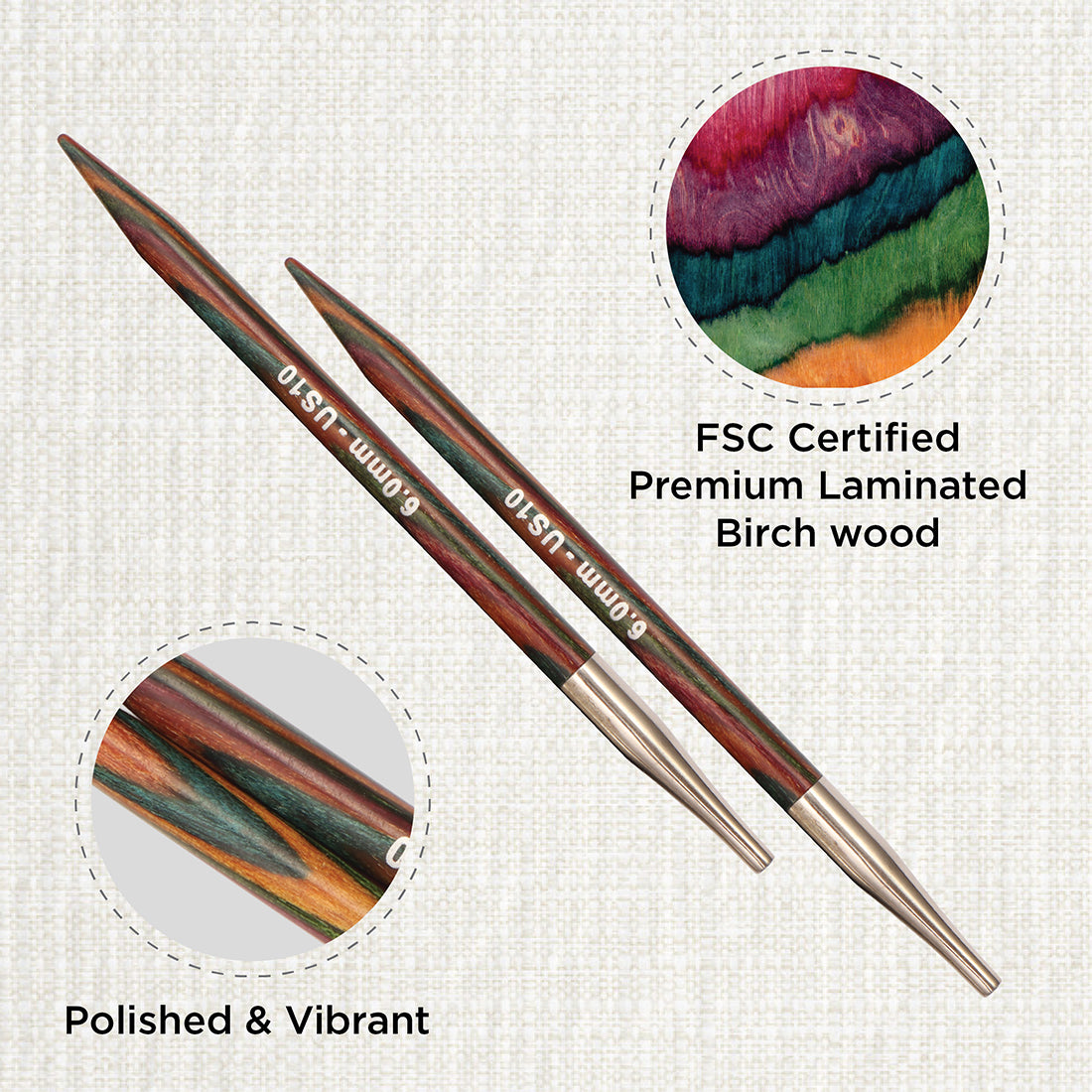 Pair of KnitPro Symfonie 2 laminated birch wood interchangeable circular needle tips, 6.00mm