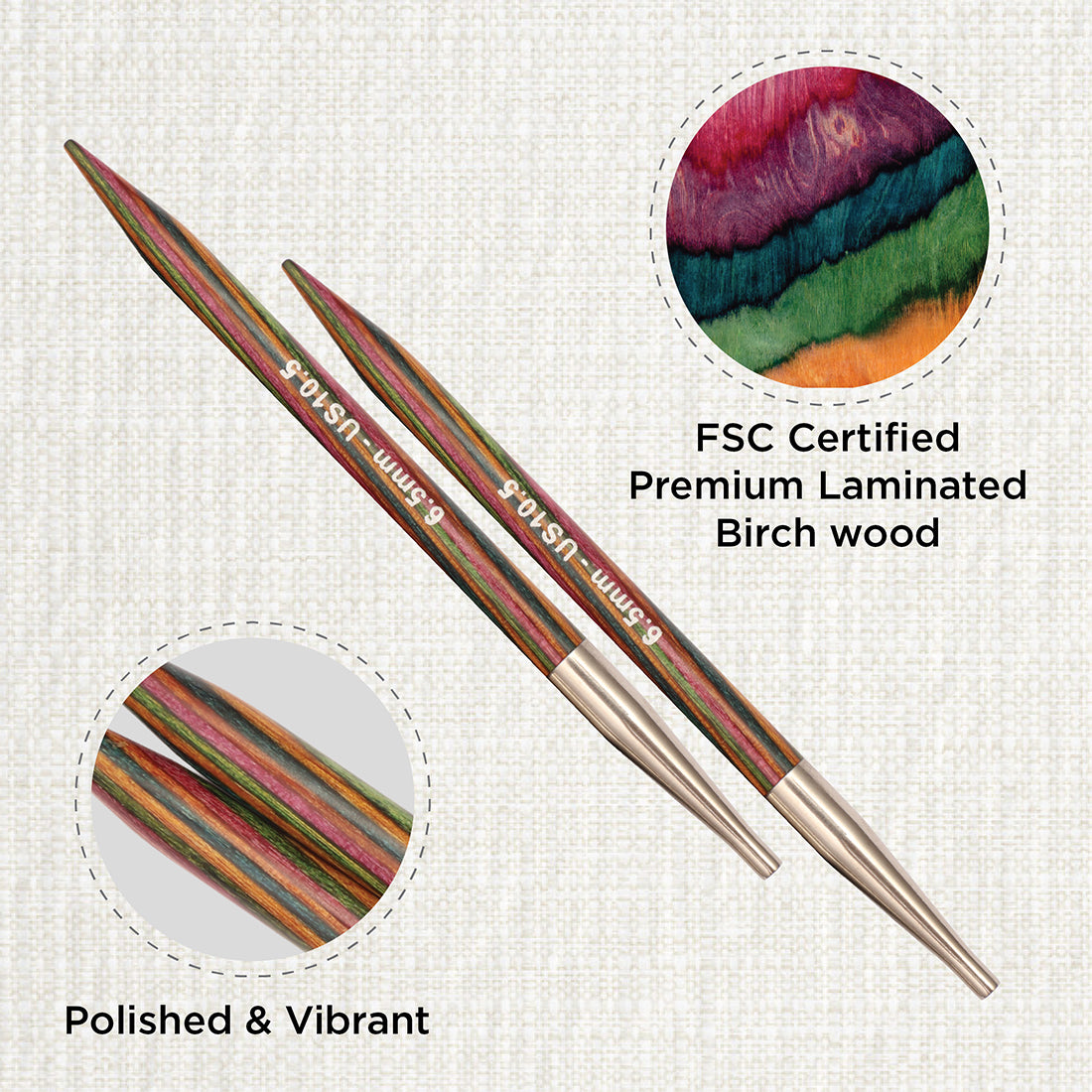 Pair of KnitPro Symfonie 2 laminated birch wood interchangeable circular needle tips, 6.50mm