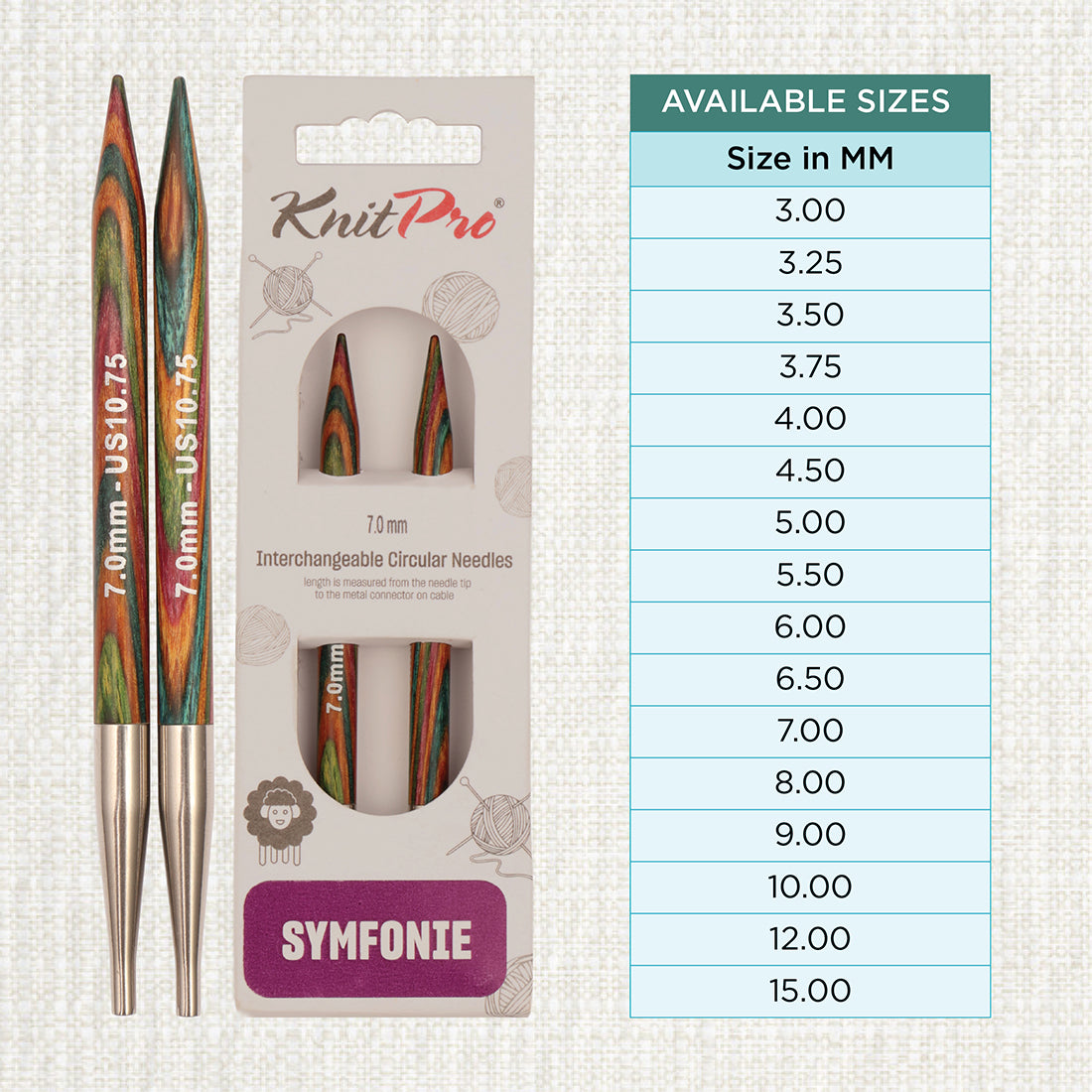 Pair of KnitPro Symfonie 2 laminated birch wood interchangeable circular needle tips, 7.00mm