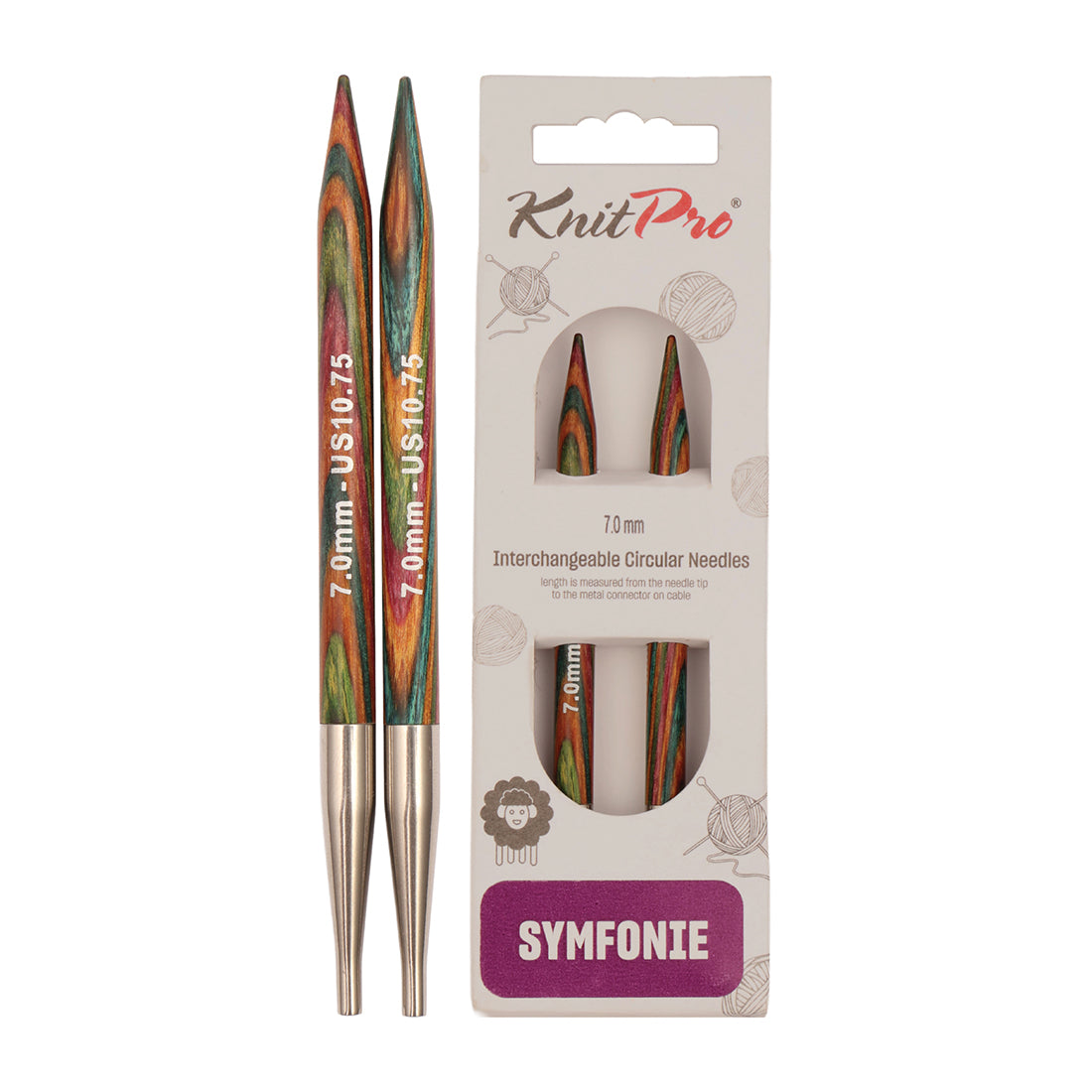 Pair of KnitPro Symfonie 2 laminated birch wood interchangeable circular needle tips, 7.00mm