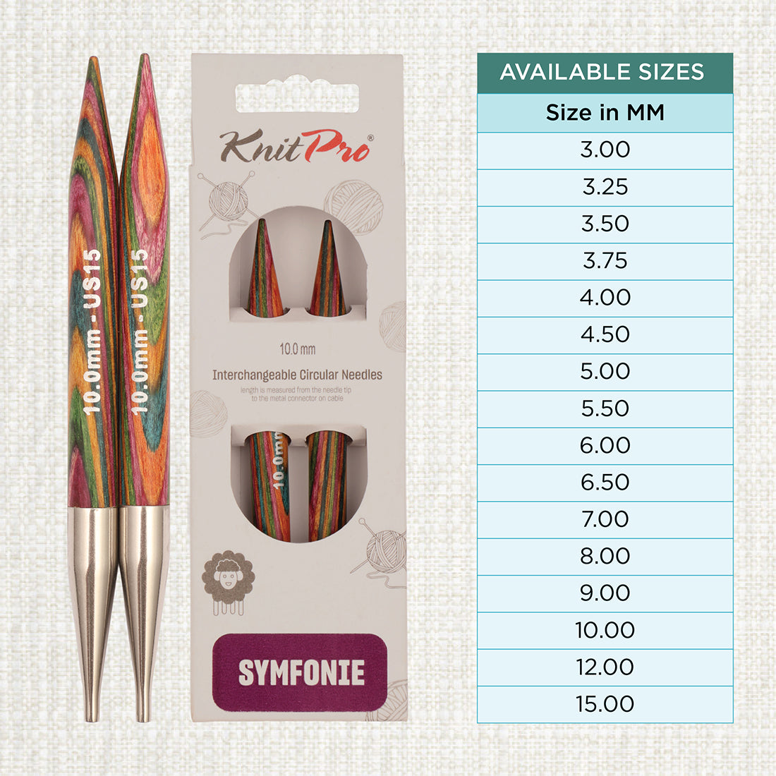 Pair of KnitPro Symfonie 2 laminated birch wood interchangeable circular needle tips, 10.00mm