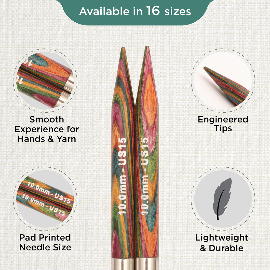 Pair of KnitPro Symfonie 2 laminated birch wood interchangeable circular needle tips, 10.00mm