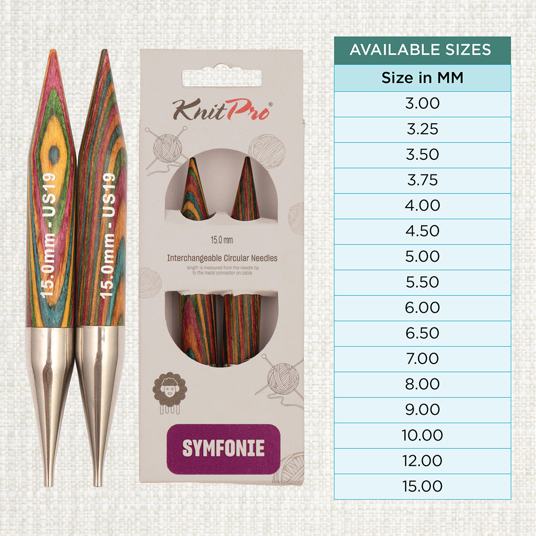 Pair of KnitPro Symfonie 2 laminated birch wood interchangeable circular needle tips, 15.00mm
