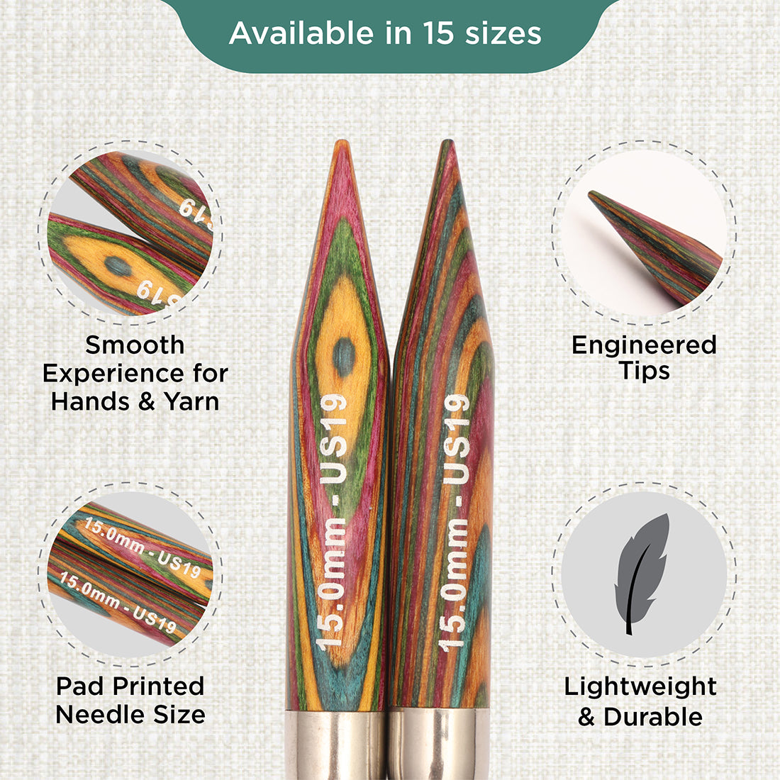 Pair of KnitPro Symfonie 2 laminated birch wood interchangeable circular needle tips, 15.00mm