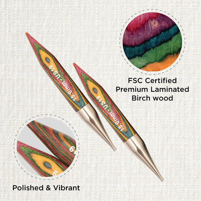 Pair of KnitPro Symfonie 2 laminated birch wood interchangeable circular needle tips, 15.00mm