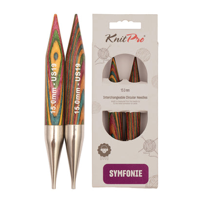 Pair of KnitPro Symfonie 2 laminated birch wood interchangeable circular needle tips, 15.00mm