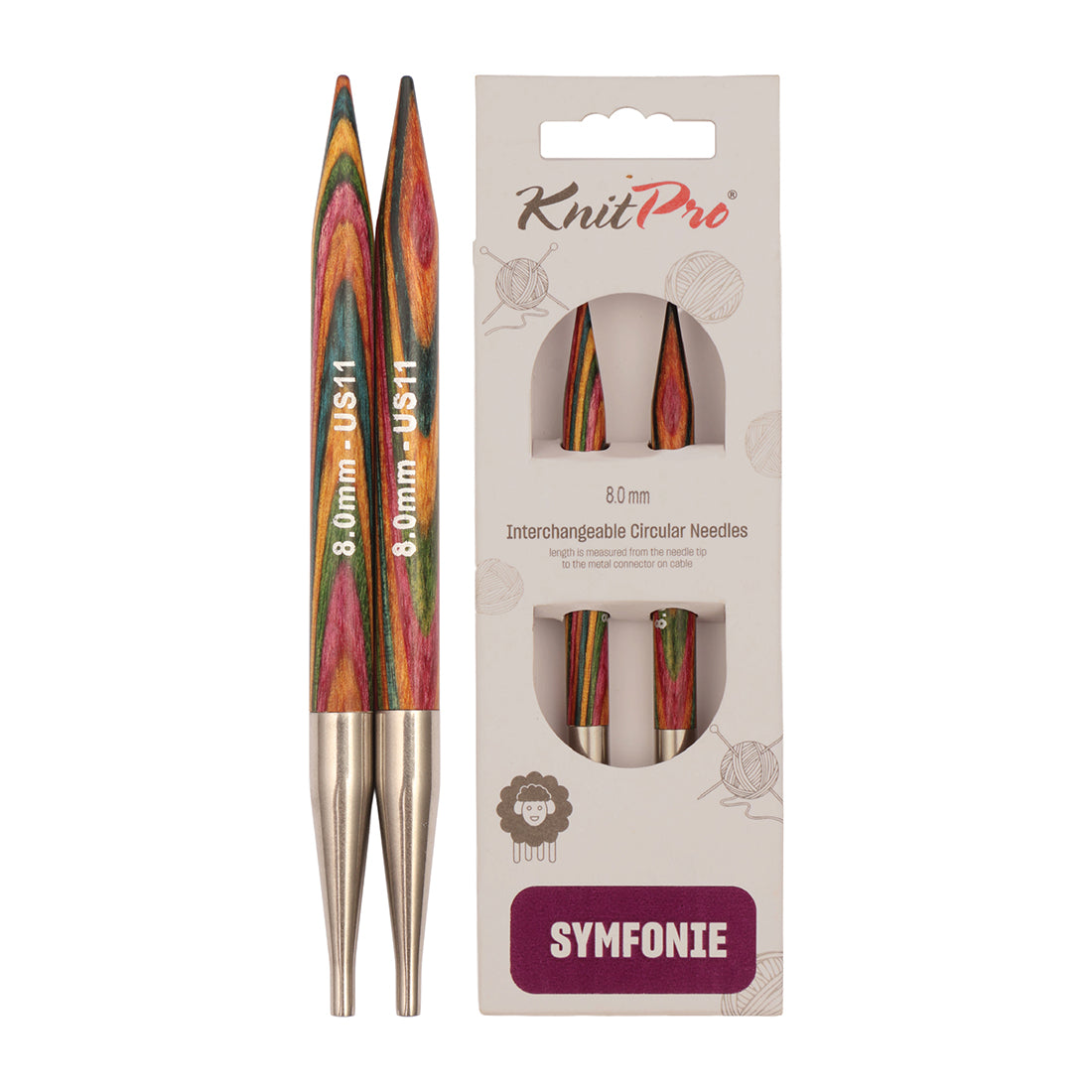 Pair of KnitPro Symfonie 2 8.00mm interchangeable wooden needle tips