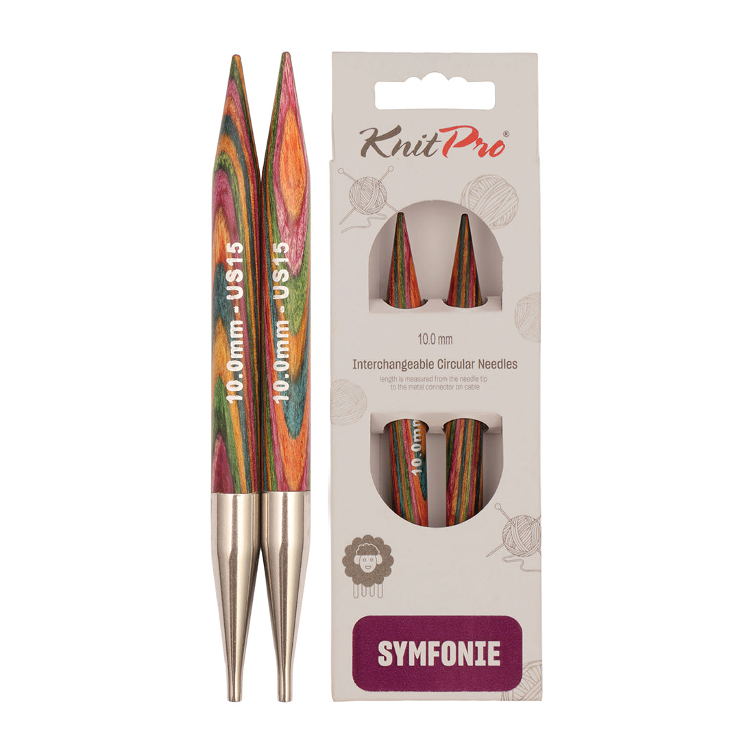 Pair of KnitPro Symfonie 2 10.00mm interchangeable wooden needle tips