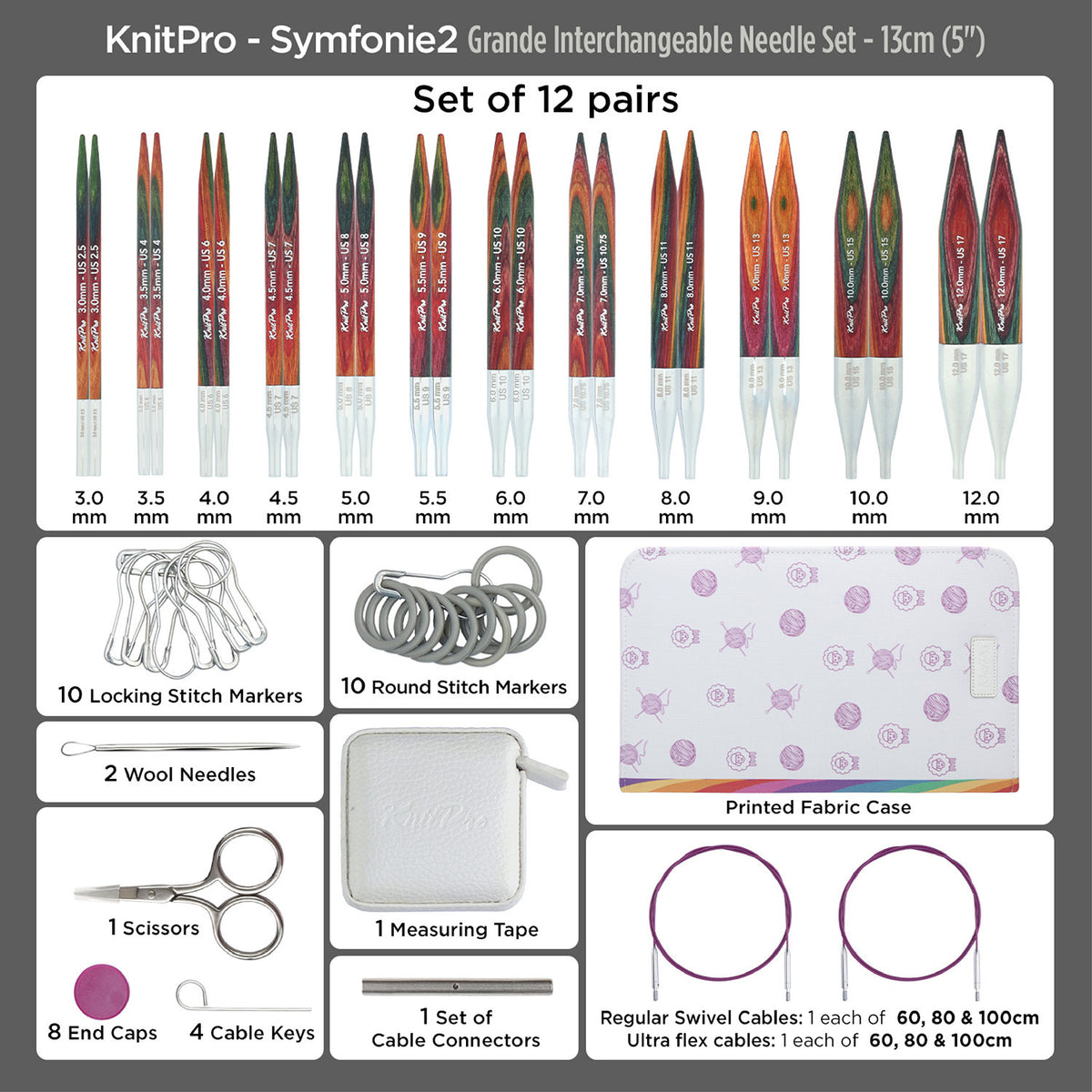 KnitPro Symfonie 2 Grande interchangeable needle set with accessories in fabric case