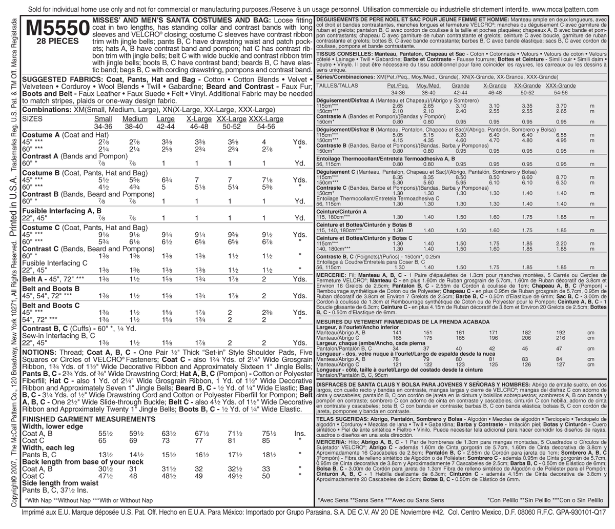 McCall's M5550 pattern envelope showing unisex costume coats