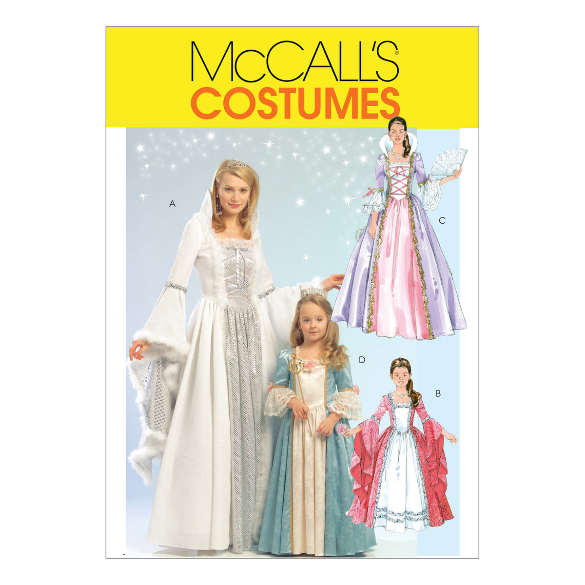 McCall's M5731 costume pattern envelope showing princess gowns for women and girls