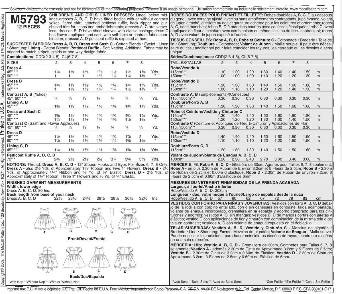 McCall's M5793 pattern envelope showing girls' party dresses