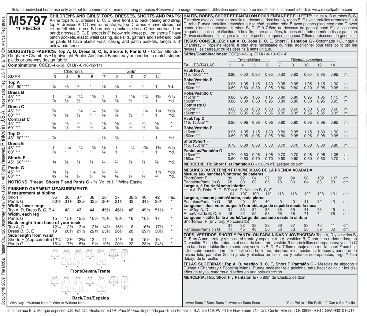 McCall's M5797 pattern envelope showing girls' A-line tops and dresses