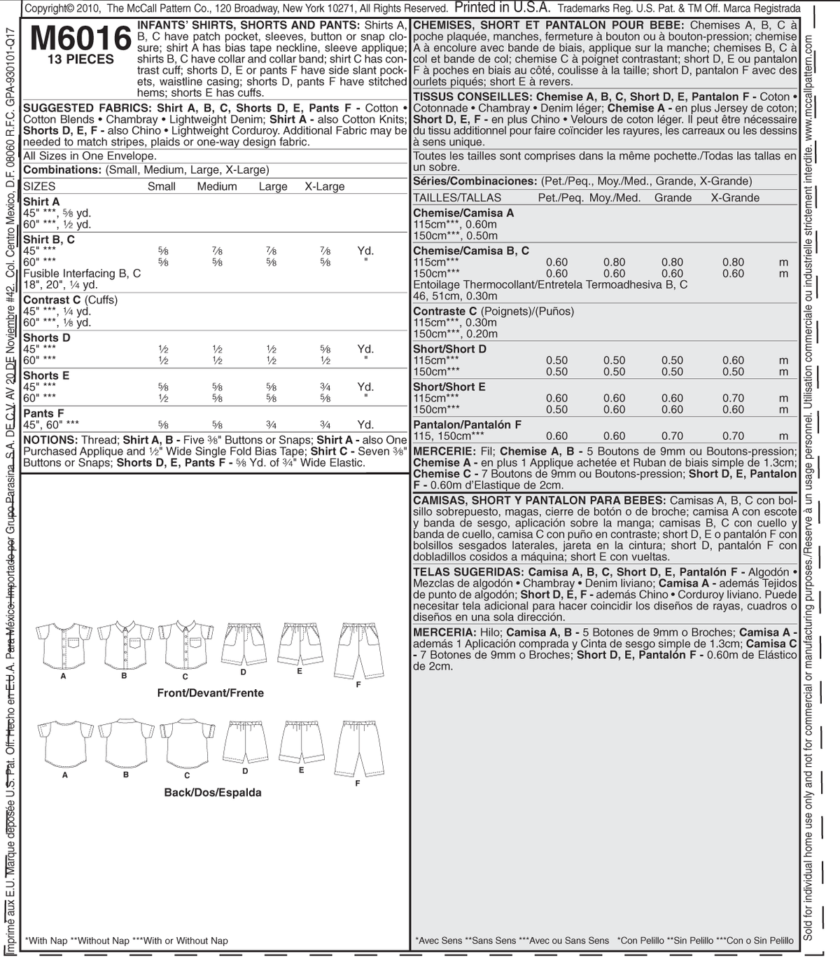 McCall's M6016 pattern envelope showing baby shirts
