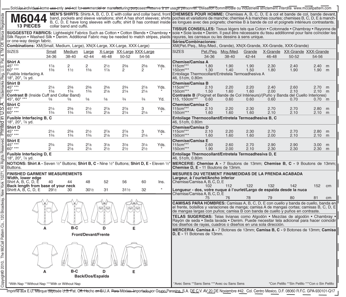 McCall's M6044 pattern envelope showing men's shirts