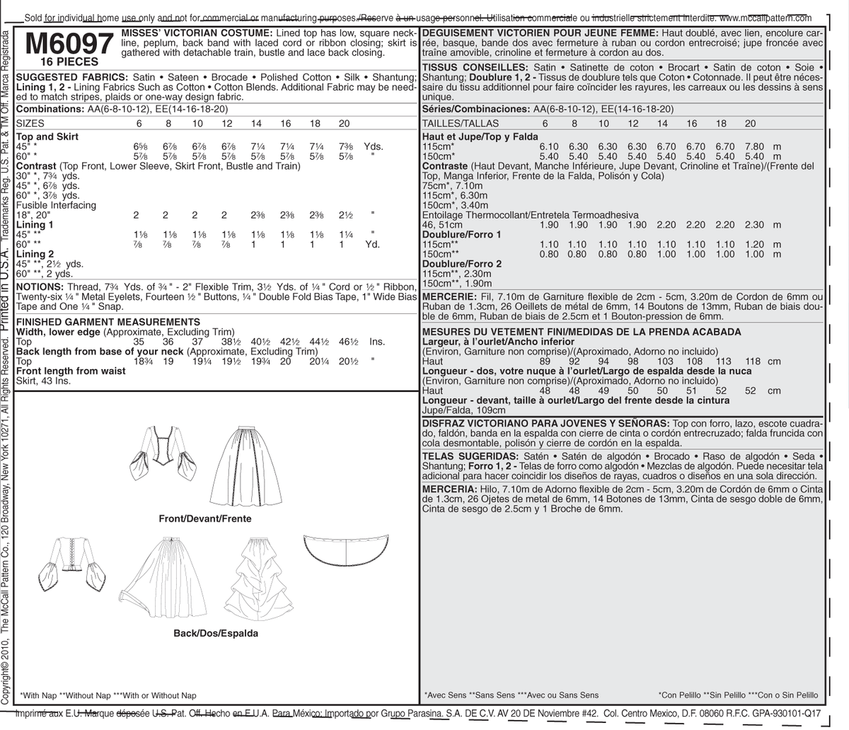 McCall's M6097 pattern envelope showing peplum costume tops