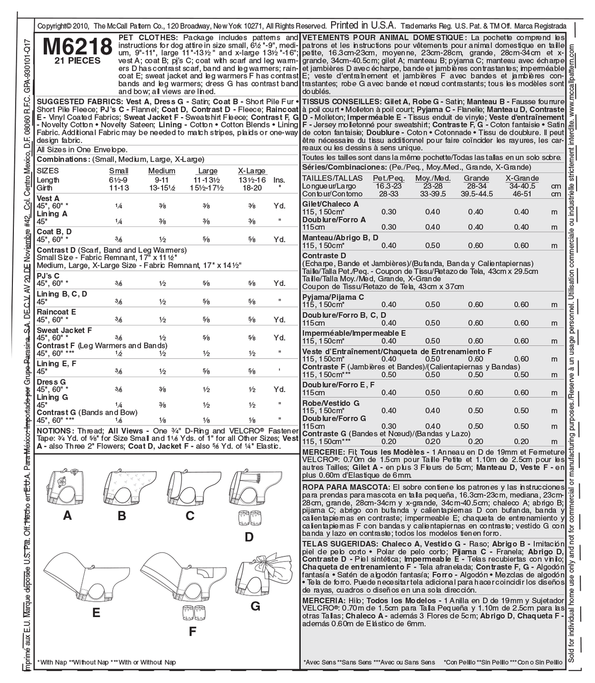 McCall's M6218 pattern envelope showing dog coats and clothes