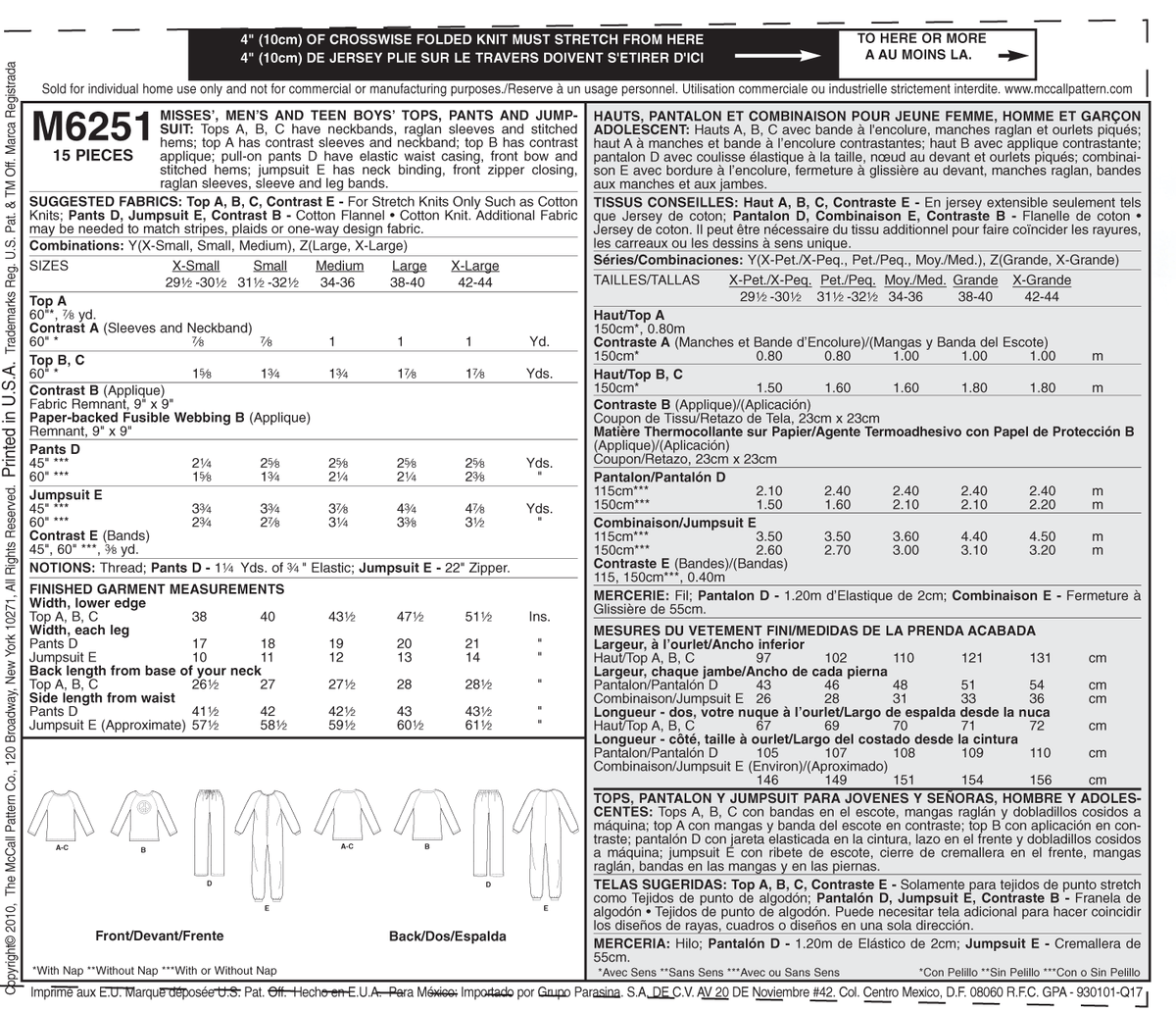 McCall's M6251 pattern envelope showing unisex sleepwear
